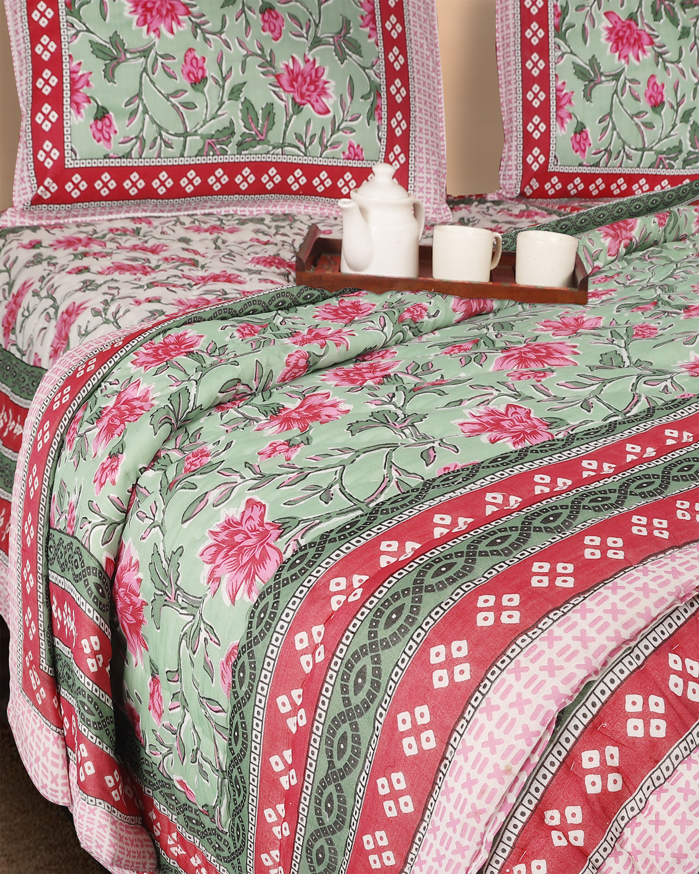 Light Green Hand Block Printed Reversible Double Bed Quilt Set